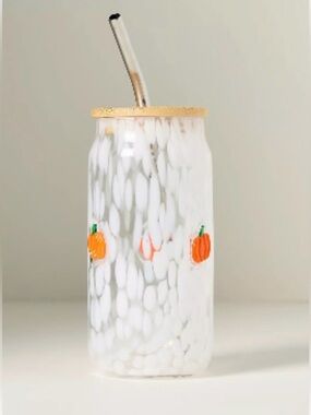 Anthropologie The Mystic Confetti Icon Juice Glass Tumbler with Lid Pumpkin